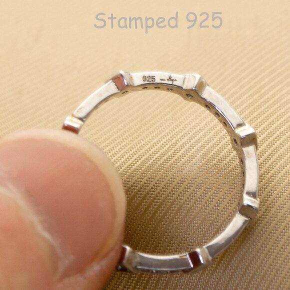 Vintage 925 Sterling Silver & CZ Stones Accent Geometric Band, Size 6.5 - Picture 6 of 8